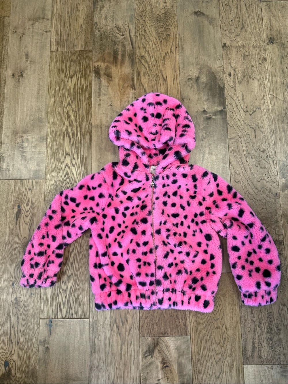 Hannah Banana Pink Faux Fur Hooded Jacket with Black Leopard Spots size 14